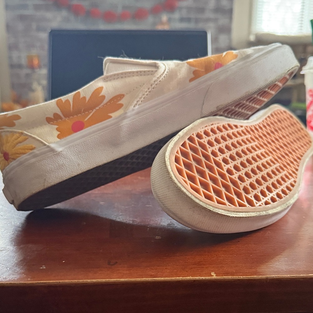 EUC Vans White Slip-Ons with Orange Floral Pattern - Picture 3 of 4